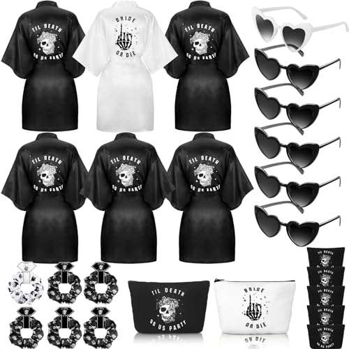 Domensi 24 Pcs Bride or Die Bachelorette Party Decorations Bridesmaid Robes Gift Sets Till Death Do Us Party Decorations Skull Black and White Bridal Robe for Bridal Shower Gothic Wedding Party Dress - Image 1