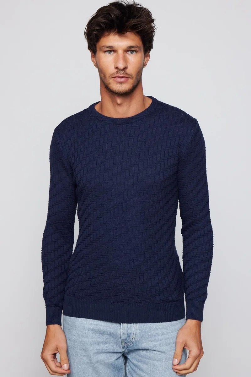 Tudors Slim Fit Slim Cut Crew Neck Patterned Navy Blue Men's Sweater
