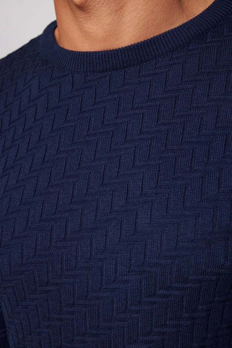 Tudors Slim Fit Slim Cut Crew Neck Patterned Navy Blue Men's Sweater