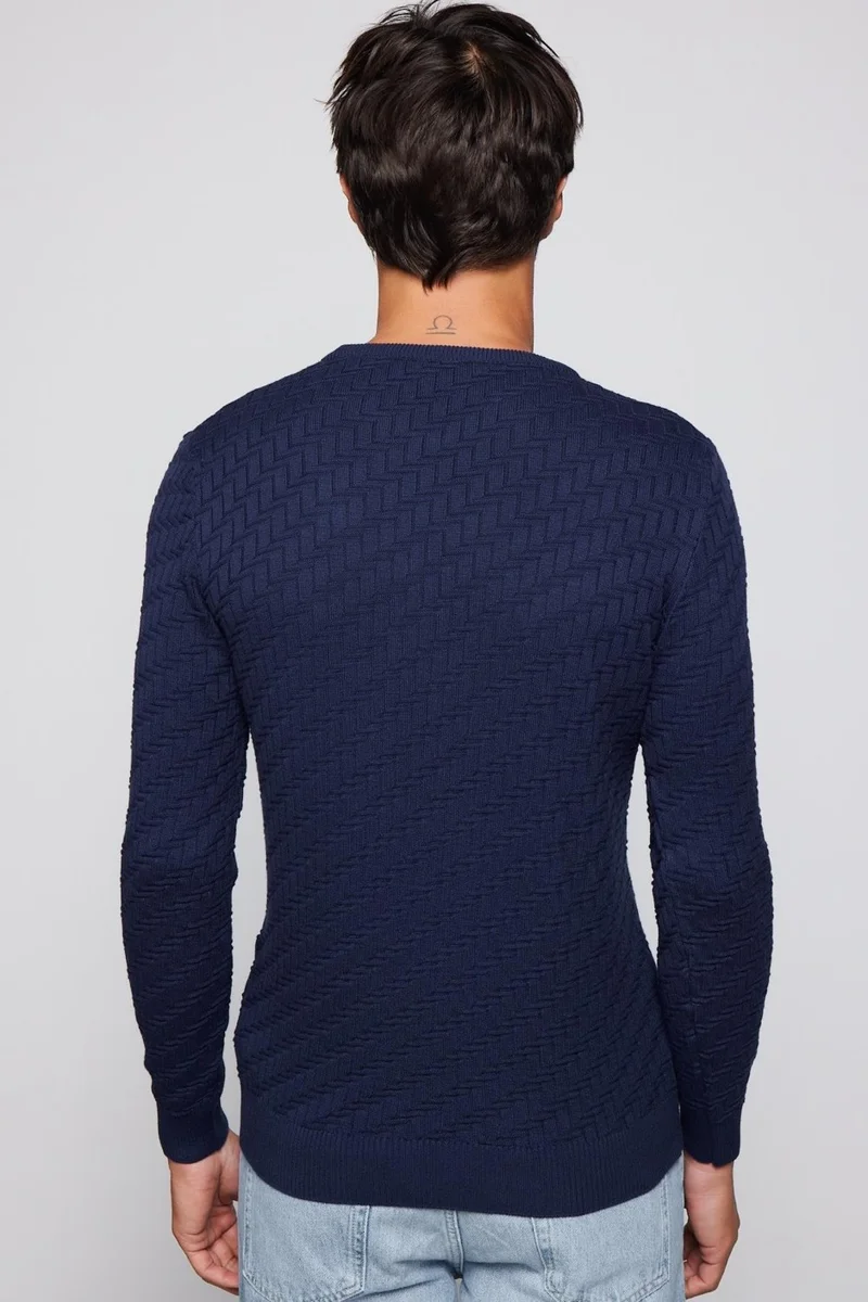 Tudors Slim Fit Slim Cut Crew Neck Patterned Navy Blue Men's Sweater
