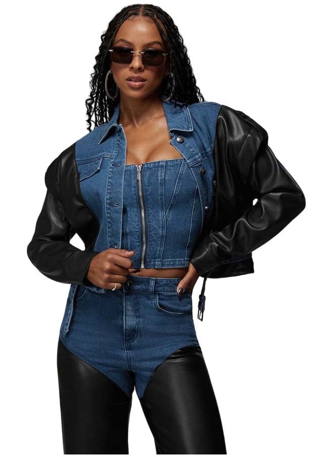 bebe - Vegan Leather Combo Denim Moto Jacket - Image 1