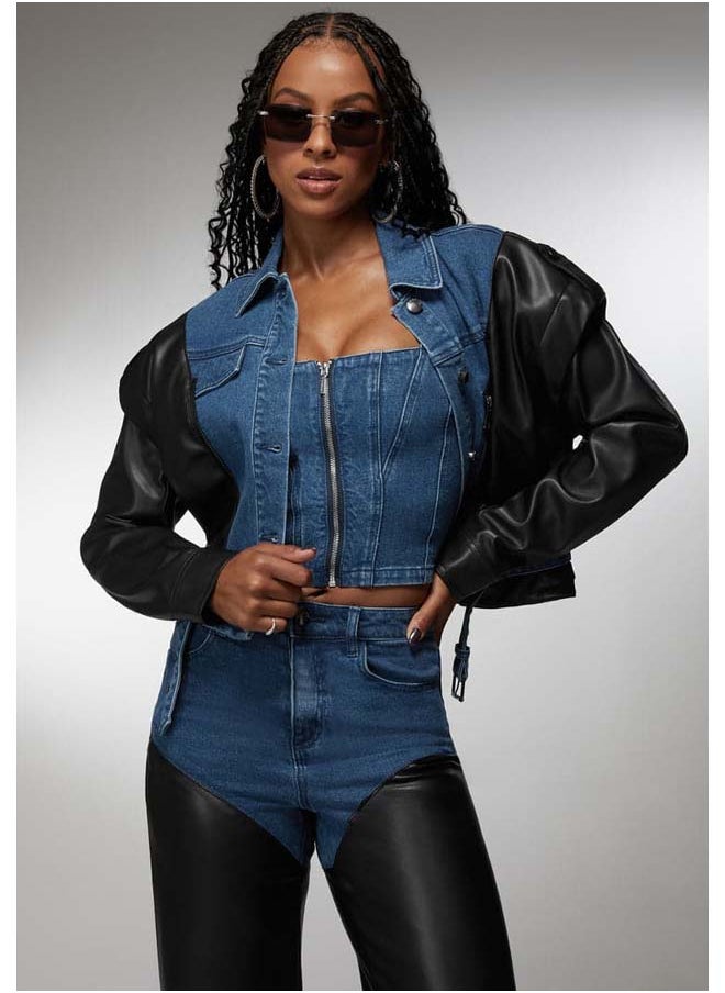 bebe - Vegan Leather Combo Denim Moto Jacket - Image 1