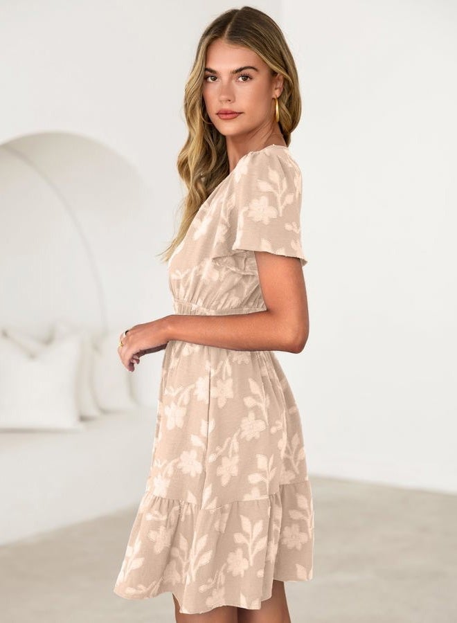 SIMPLEE Womens Summer Floral Dress Casual Short Sleeve V Neck Empire Waist Boho Flowy A Line Mini Wedding Guest Dresses, Apricot, M - Image 4