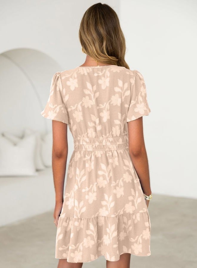 SIMPLEE Womens Summer Floral Dress Casual Short Sleeve V Neck Empire Waist Boho Flowy A Line Mini Wedding Guest Dresses, Apricot, M - Image 5