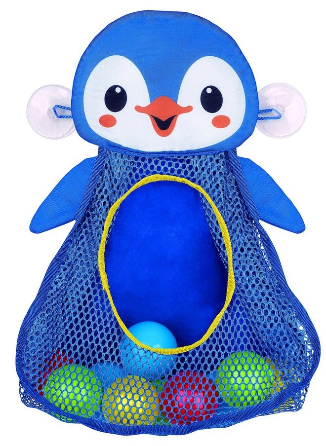 PLAYGO PlayGo Bath Toy Organizer Penguin | Four Suction Cups for Hanging | Bathtub Toys Holder | Bathroom Baby Toy Storage Quick Dry Bathtub Mesh Net | 2 in 1| 10 Pieces Colorful Soft Balls, 18703  - Image 1