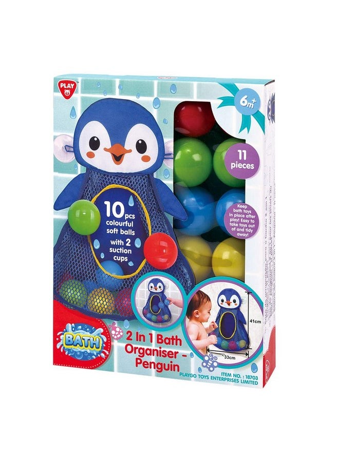 PLAYGO PlayGo Bath Toy Organizer Penguin | Four Suction Cups for Hanging | Bathtub Toys Holder | Bathroom Baby Toy Storage Quick Dry Bathtub Mesh Net | 2 in 1| 10 Pieces Colorful Soft Balls, 18703  - Image 2