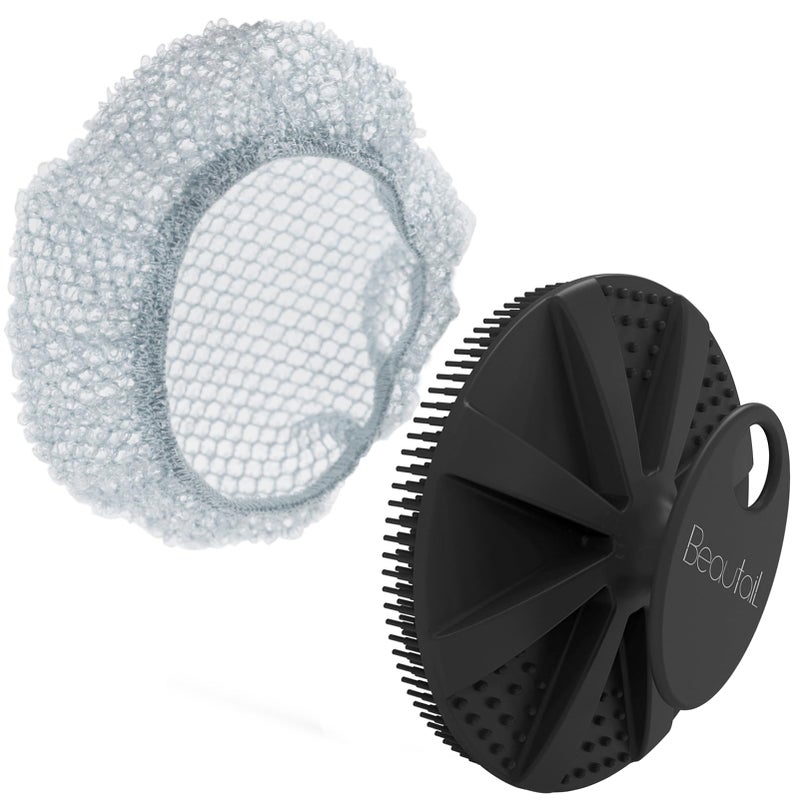 BEAUTAIL Silicone Body Scrubber with Scrub Net, BEAUTAIL 2 Pack â€“ Rich Foam and Exfoliation with Gentle Brush or Firmer Net Options â€“ Hygienic, Durable, Easy to Clean â€“ 1 Shower Brush Black, 1 Scrub Net Gray - Image 1