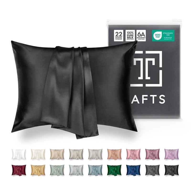 TAFTS 22mm 100 Pure Mulberry 6A Silk Pillowcase for Hair  Skin with Envelope Closure No Zipper Cooling Natural Organic Double Sided Pillow Case Midnight Black Queen 20x30 1pc