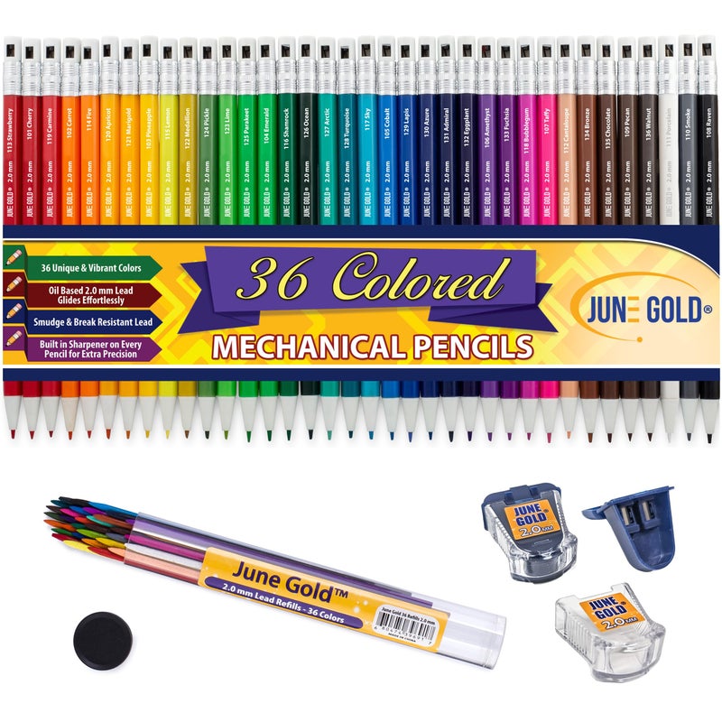 June Gold 36 Assorted Colored 2.0 mm Mechanical Pencils with 36 Unique Color Leads, 36 Extra Refills, 2 Independent Sharpeners, Color Name is Printed on Each Pencil Barrel, Built in Rear Sharpener - Image 1