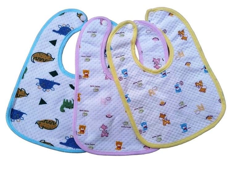 BabyGo Cotton Baby Bibs | Multicolored Waterproof Feeding Bibs with Titch Button, Soft, Washable & Reusable, Comfortable Feeding Bibs for Infants & Toddlers, Easy to Clean | Pack of 3 - Image 1