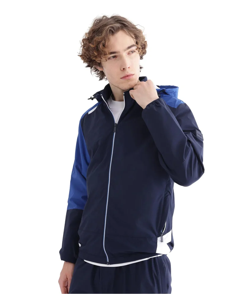 رير رابِت Men's Colorblock Zipper Closure Hooded Jacket