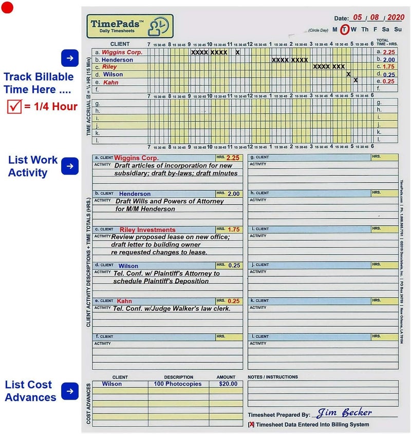 Timepads "Check-The-Box" Time Sheets for Lawyers. Effortless Timekeeping for Attorneys. (Pad of 50 Time Sheets). 8.5x11". Made in USA. - Image 5