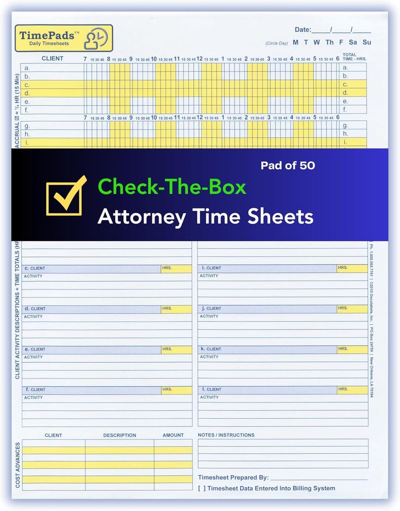 Timepads "Check-The-Box" Time Sheets for Lawyers. Effortless Timekeeping for Attorneys. (Pad of 50 Time Sheets). 8.5x11". Made in USA. - Image 1