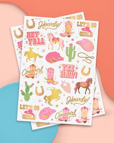 xo, Fetti Cowgirl Temporary Tattoos - 50 Gold Foil Styles | Birthday Party Decorations, Giddy Up Cowgirl Accessory, Rodeo Western Theme Favor, Nashville Gift + Cow Print Supplies, Baby Shower - Image 2