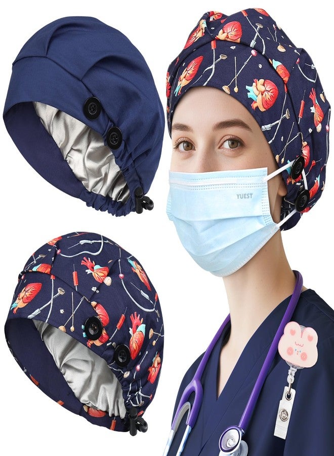 Yuest 2 Pack Satin Lined Bouffant Scrub Caps with Buttons, Adjustable Scrub Caps for Women Men, 2 Pack Satin Lined Navy Blue+ Heart Universe, One size - Image 1