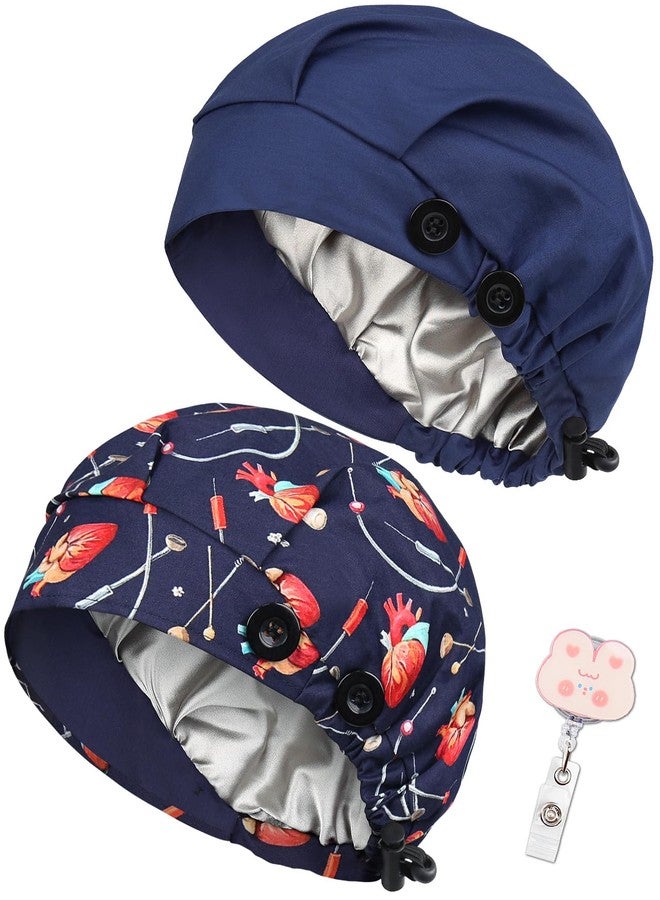 Yuest 2 Pack Satin Lined Bouffant Scrub Caps with Buttons, Adjustable Scrub Caps for Women Men, 2 Pack Satin Lined Navy Blue+ Heart Universe, One size - Image 5