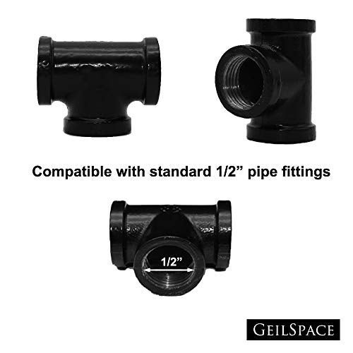 GeilSpace Tee, Malleable Iron Pipe Fittings - Vintage DIY Industrial Shelving, Industrial Decor, Furniture DIY (1/2", Black) - Image 2