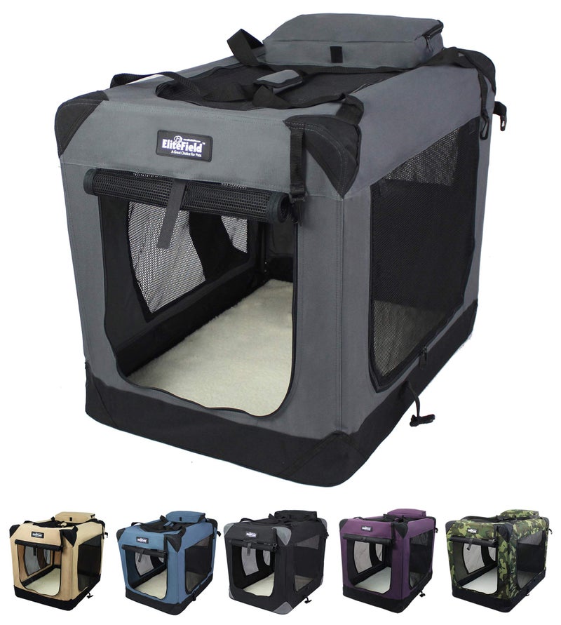 EliteField 3Door Folding Soft Dog Crate with Carrying Bag and Fleece Bed 2 Year Warranty Indoor Outdoor Pet Home 30 L x 21 W x 24 H Gray