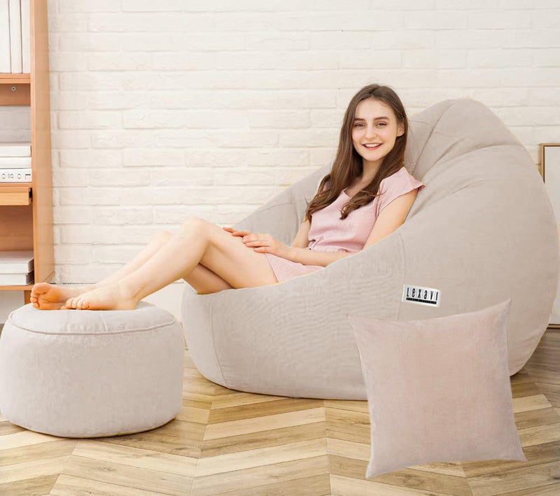 LEXAVI Faux Leather Brand - 4Xl Bean Bags With Round Footrest Beans Filled With Free Cushion - (Xxxxl - Cream) - Image 1