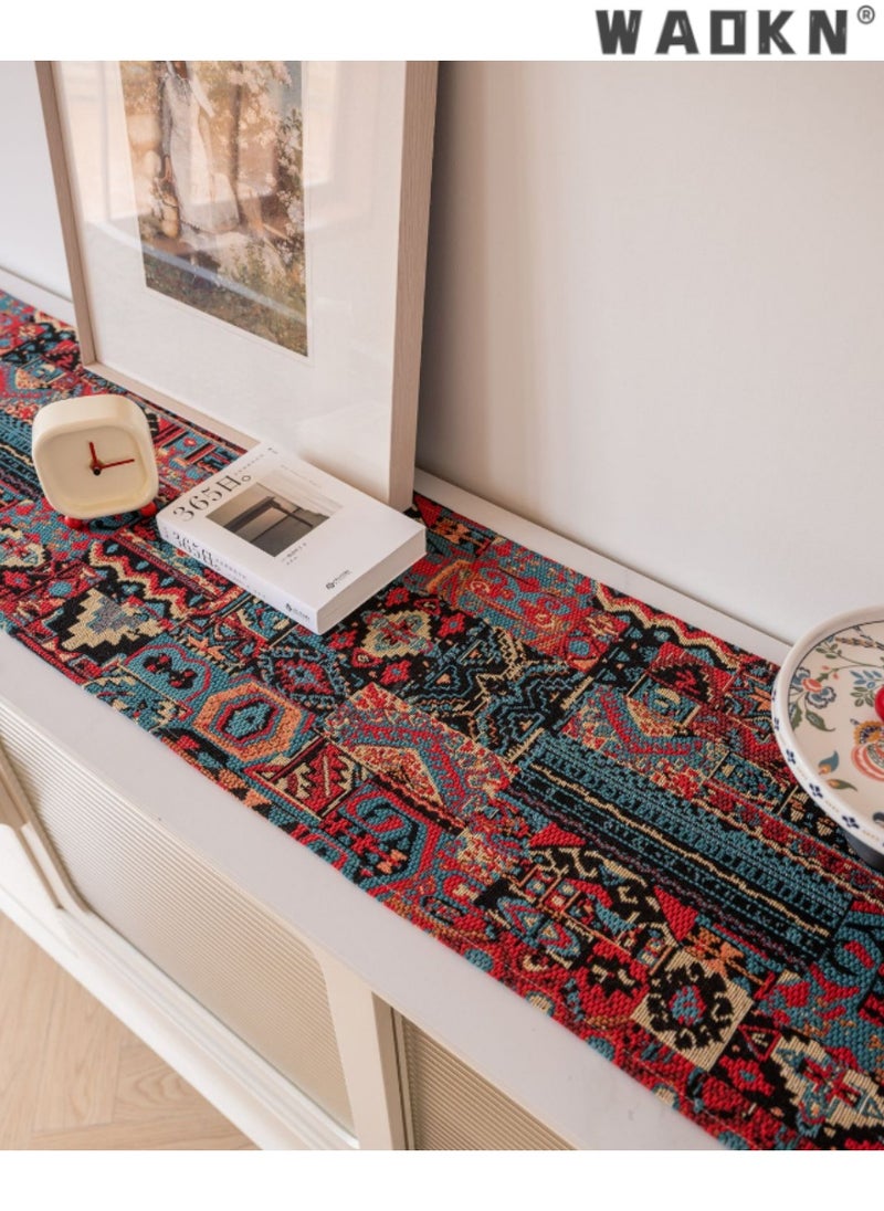 WAOKN Vibrant Red Geometric Patterned Table Runner with Tassels, Elegant and Traditional Design for Home Decor, Add a Splash of Color and Texture to Dining Experience, Ideal for Any Season  - Image 4