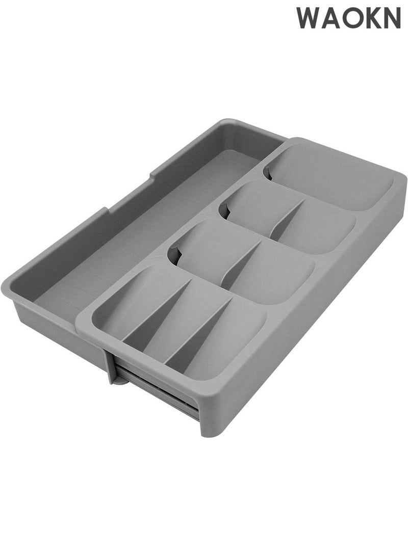 دبليو أيه أو كي أن صينية تنظيم أدراج المطبخ القابلة للتوسيع - صينية تخزين أدوات المائدة والسكاكين قابلة للتعديل - منظم أدراج بلاستيكي مدمج بقاعدة مانعة للانزلاق - يناسب أي درج - حل لتنظيم المنزل وتخزين المطبخ (رمادي) - Image 1