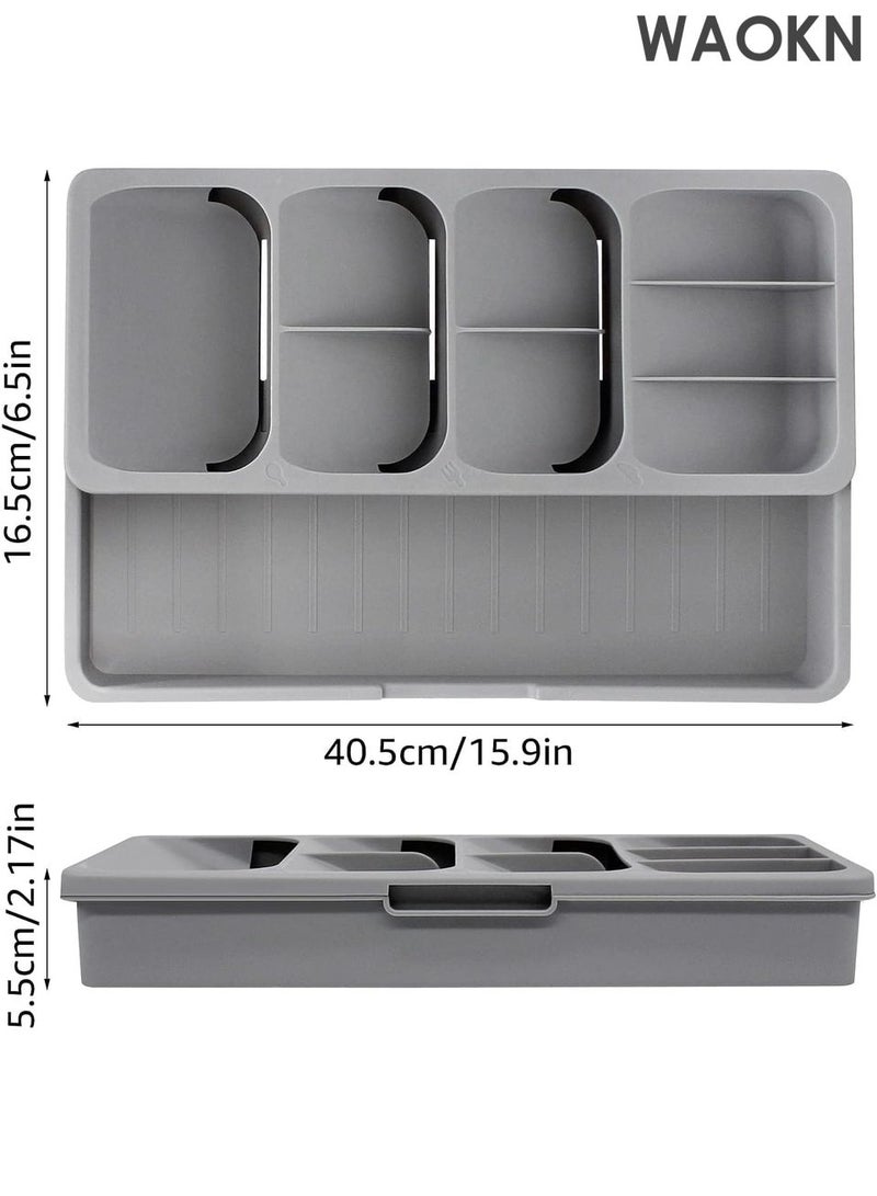 دبليو أيه أو كي أن صينية تنظيم أدراج المطبخ القابلة للتوسيع - صينية تخزين أدوات المائدة والسكاكين قابلة للتعديل - منظم أدراج بلاستيكي مدمج بقاعدة مانعة للانزلاق - يناسب أي درج - حل لتنظيم المنزل وتخزين المطبخ (رمادي) - Image 3