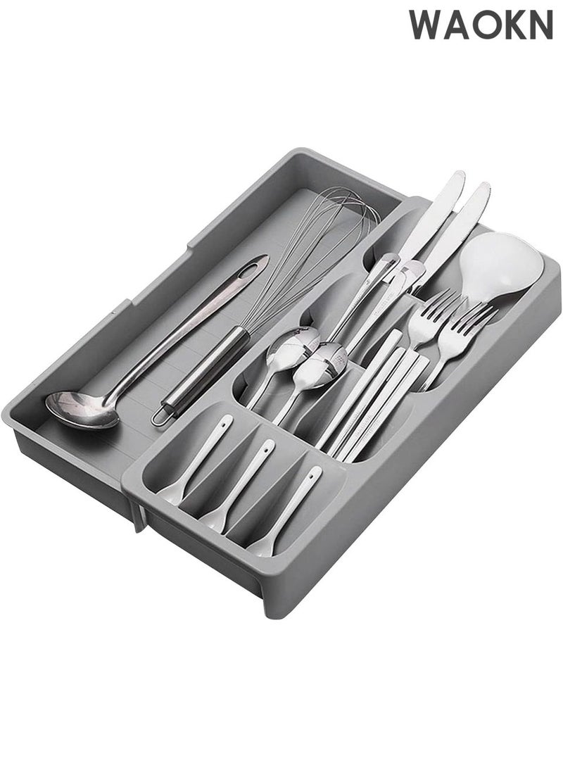 دبليو أيه أو كي أن صينية تنظيم أدراج المطبخ القابلة للتوسيع - صينية تخزين أدوات المائدة والسكاكين قابلة للتعديل - منظم أدراج بلاستيكي مدمج بقاعدة مانعة للانزلاق - يناسب أي درج - حل لتنظيم المنزل وتخزين المطبخ (رمادي) - Image 2