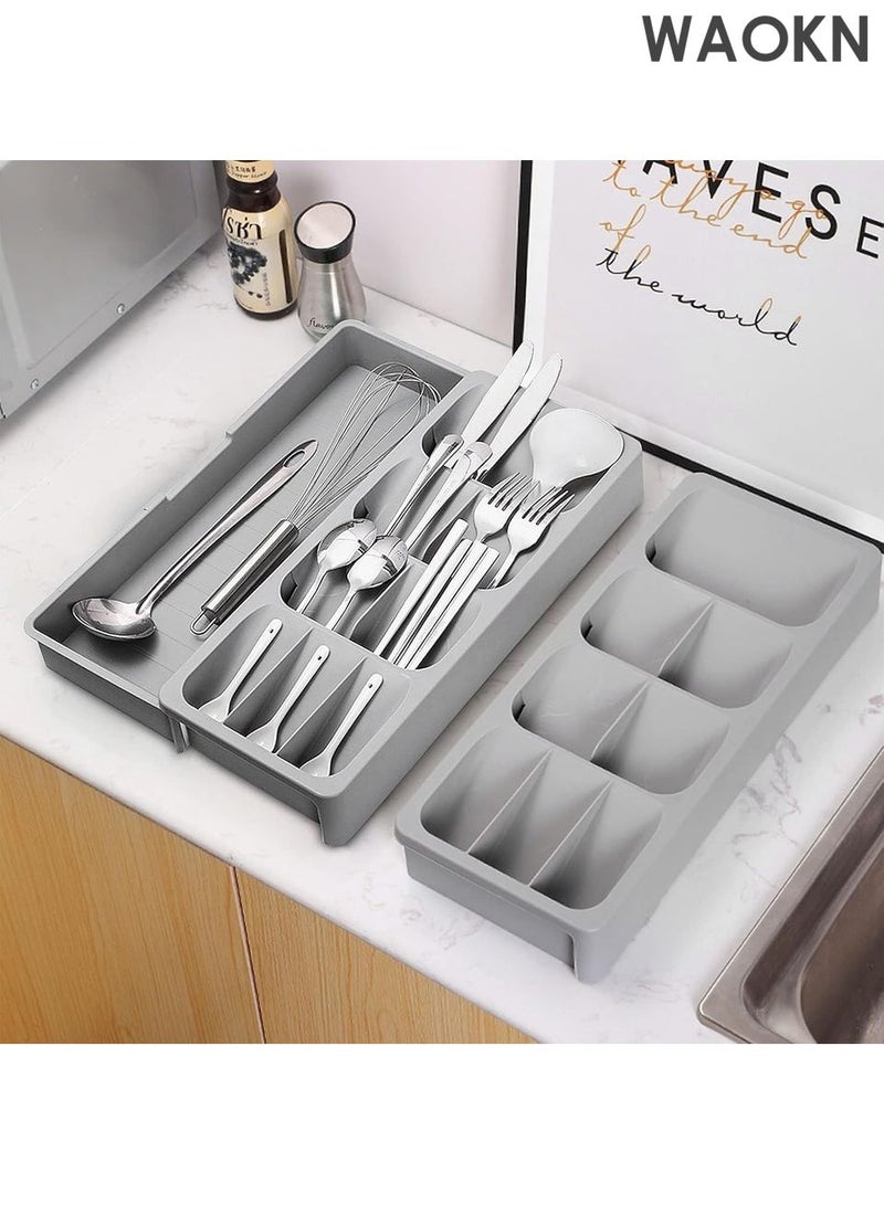 دبليو أيه أو كي أن صينية تنظيم أدراج المطبخ القابلة للتوسيع - صينية تخزين أدوات المائدة والسكاكين قابلة للتعديل - منظم أدراج بلاستيكي مدمج بقاعدة مانعة للانزلاق - يناسب أي درج - حل لتنظيم المنزل وتخزين المطبخ (رمادي) - Image 4
