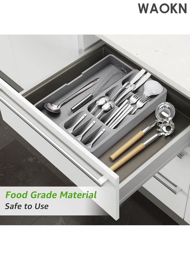 دبليو أيه أو كي أن صينية تنظيم أدراج المطبخ القابلة للتوسيع - صينية تخزين أدوات المائدة والسكاكين قابلة للتعديل - منظم أدراج بلاستيكي مدمج بقاعدة مانعة للانزلاق - يناسب أي درج - حل لتنظيم المنزل وتخزين المطبخ (رمادي) - Image 5
