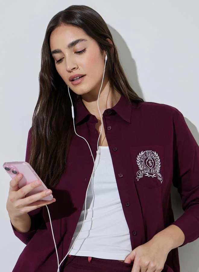 ستايلي Burgundy Solid Embroidered Chest Pocket Relaxed Fit Shirt