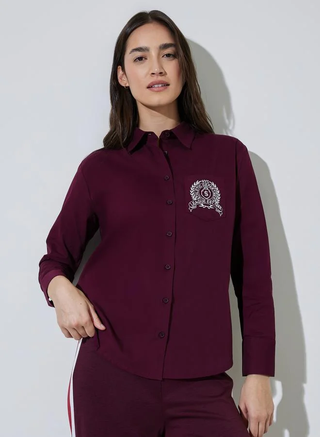 ستايلي Burgundy Solid Embroidered Chest Pocket Relaxed Fit Shirt