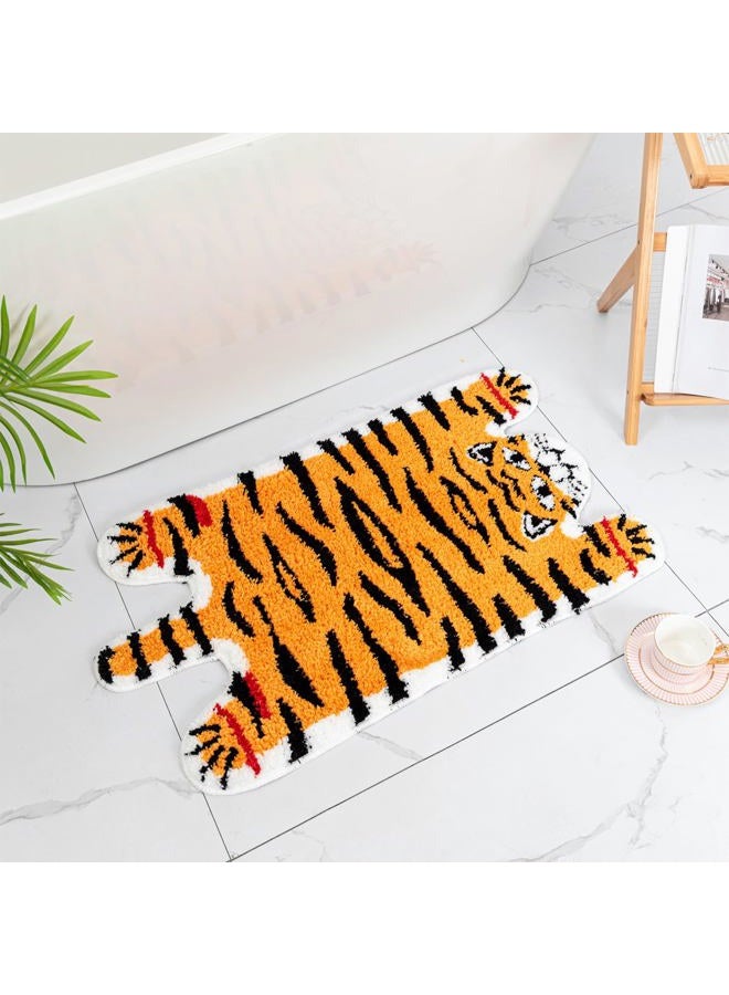 Seek4comfortable Cute Tiger Bath Mat, Orange Yellow Bathroom Rugs Non Slip Tiger Shaped Absorbent Bath Rug Cartoon Animal Bathroom Decor Plush Bathtub Rug for Shower Sink,19.7x35.5in - Image 1
