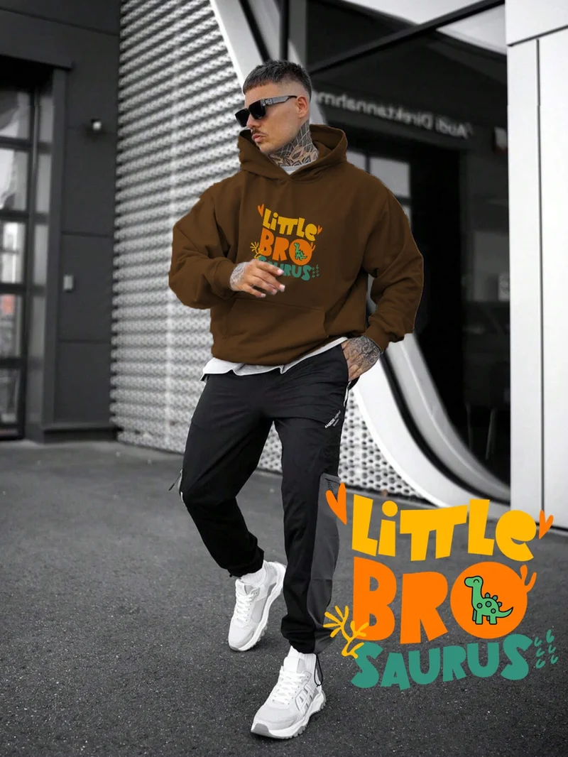 DogFish Women, Men's Sweatshirt Oversize Little Bro Saurus Printed Thick Brown Lover Sweatshirt