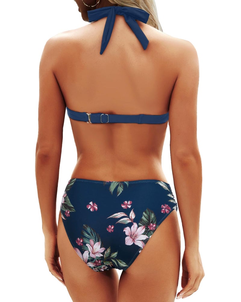 Yonique Women Two Piece Bathing Suits Push Up Bikini Set Halter Swimsuit Vintage Swimwear Dark Blue Flower L - Image 2