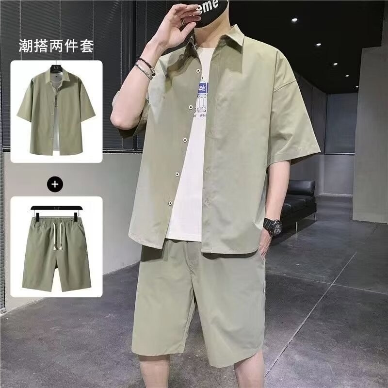 Mens Casual Shirt Shorts Set Summer Trend Green - Image 1