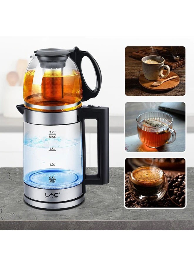 LAC - Glass Electric Kettle 2-in-1 Hot Water Boiler 2.2liter kettle capacity/0.8L teapot capacity, Warming Function Energy and Keeps the Water, 360° Rotating Base 1500W Free Water Heater Kettle for Coffee & Tea Maker - Image 1