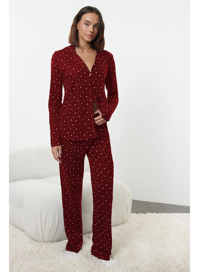Burgundy 100% Cotton Galaxy Print Knitted Pajamas Set Thmaw25Pt00097