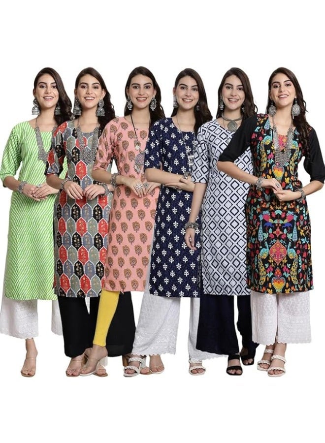 Pinkmint store Kurta for Women Fancy Printed Kurta ll Festival Wear Kurta for Women (Pack of 6 ) L - Image 1
