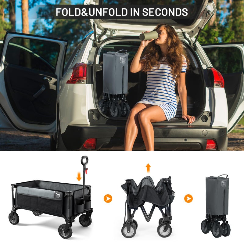 Timber Ridge Collapsible Outdoor Folding Wagon Cart Heavy Duty Camping Patio Shopping Garden Cart with Side Bag Cup Holder, Grey - Image 5