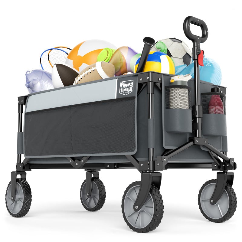 Timber Ridge Collapsible Outdoor Folding Wagon Cart Heavy Duty Camping Patio Shopping Garden Cart with Side Bag Cup Holder, Grey - Image 1