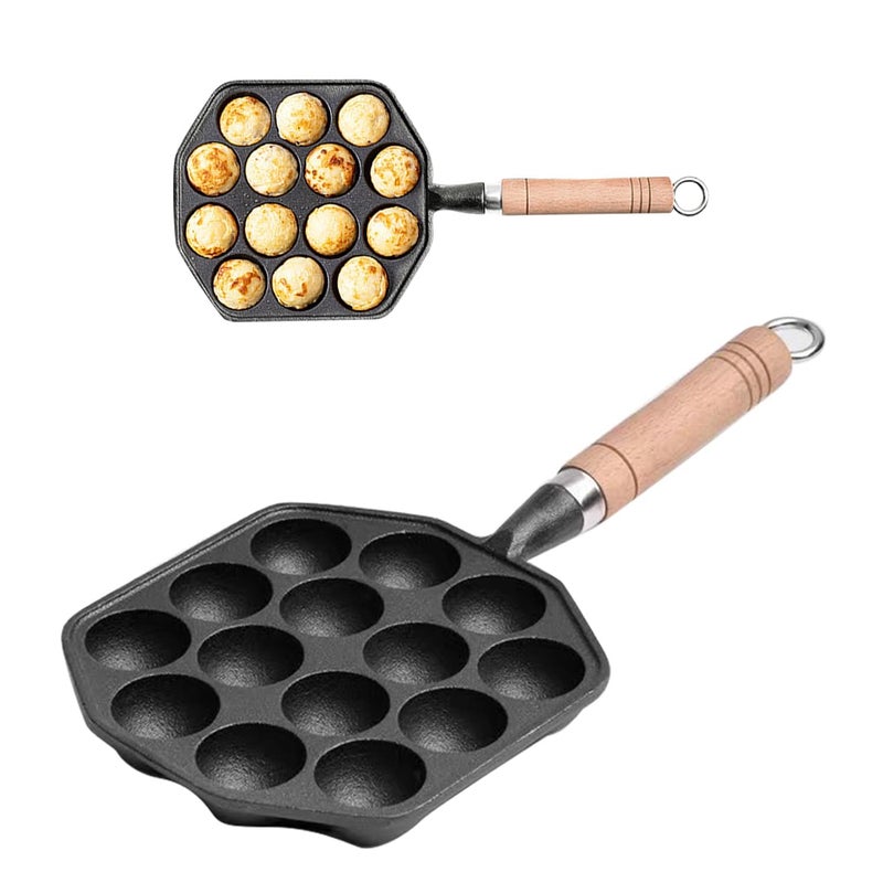 Grill Pan 14 Holes Nonstick Cast Iron Octopus Meat Balls Molds Maker with Detachable Handle, Pancake Balls Desserts Skillet for Induction Cooker, Gas Stove (Pack Of 1)  - Image 1