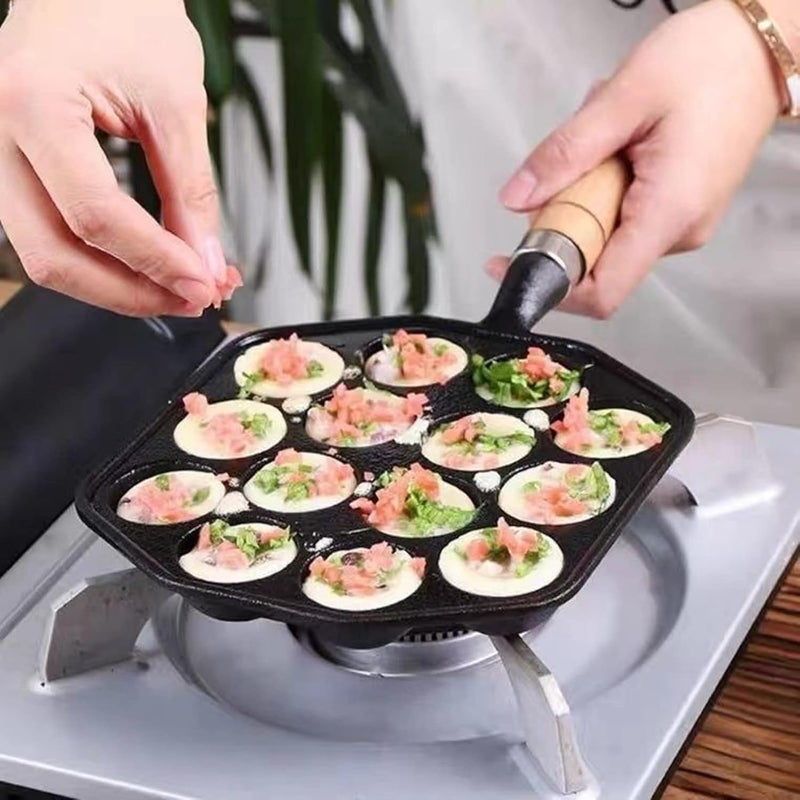 Grill Pan 14 Holes Nonstick Cast Iron Octopus Meat Balls Molds Maker with Detachable Handle, Pancake Balls Desserts Skillet for Induction Cooker, Gas Stove (Pack Of 1)  - Image 4