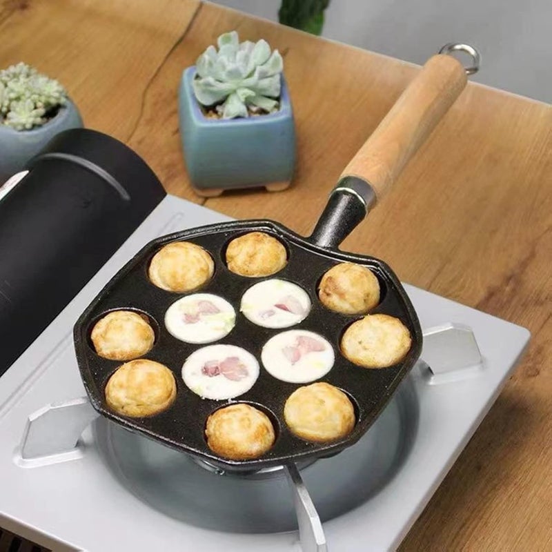 Grill Pan 14 Holes Nonstick Cast Iron Octopus Meat Balls Molds Maker with Detachable Handle, Pancake Balls Desserts Skillet for Induction Cooker, Gas Stove (Pack Of 1)  - Image 5