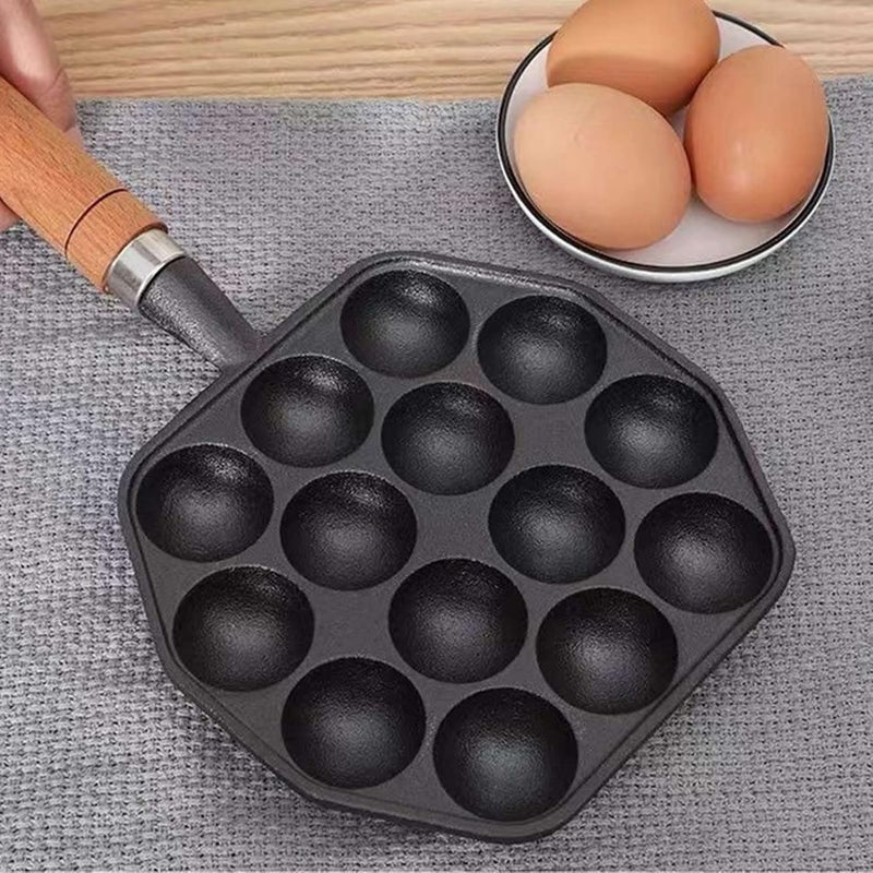 Grill Pan 14 Holes Nonstick Cast Iron Octopus Meat Balls Molds Maker with Detachable Handle, Pancake Balls Desserts Skillet for Induction Cooker, Gas Stove (Pack Of 1)  - Image 2