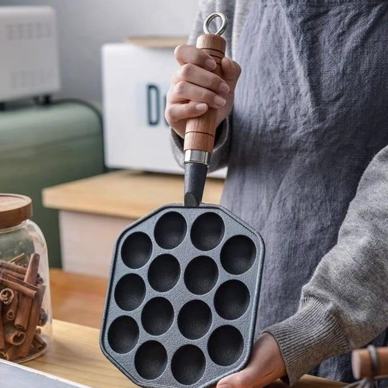 Grill Pan 14 Holes Nonstick Cast Iron Octopus Meat Balls Molds Maker with Detachable Handle, Pancake Balls Desserts Skillet for Induction Cooker, Gas Stove (Pack Of 1)  - Image 3
