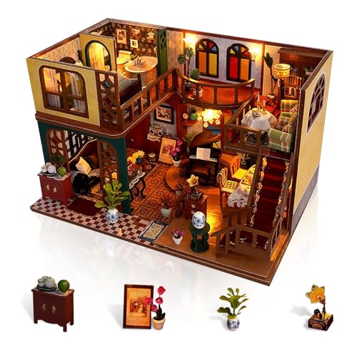 Foyucool DIY Miniature House Kit Dollhouse Kit with Light and Dust Cover Mini House Building Kits for for Adult to Building Christmas Home Decorations Gifts for Family and Friends Retro Loft - Image 1