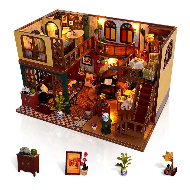 Foyucool DIY Miniature House Kit Dollhouse Kit with Light and Dust Cover Mini House Building Kits for for Adult to Building Christmas Home Decorations Gifts for Family and Friends Retro Loft - Image 2
