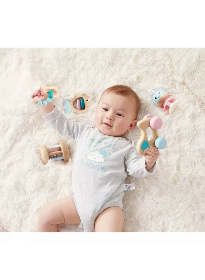 Hape Multi-stage Sensory Gift Set ,Wooden Multiple Rattles and Teether Beads, Sensory Play, Developmental Toy, for Newborn Babies & Toddlers, Perfect for Gifting, Child-safe Finishes, FSC Toys, 5 pcs - Image 2