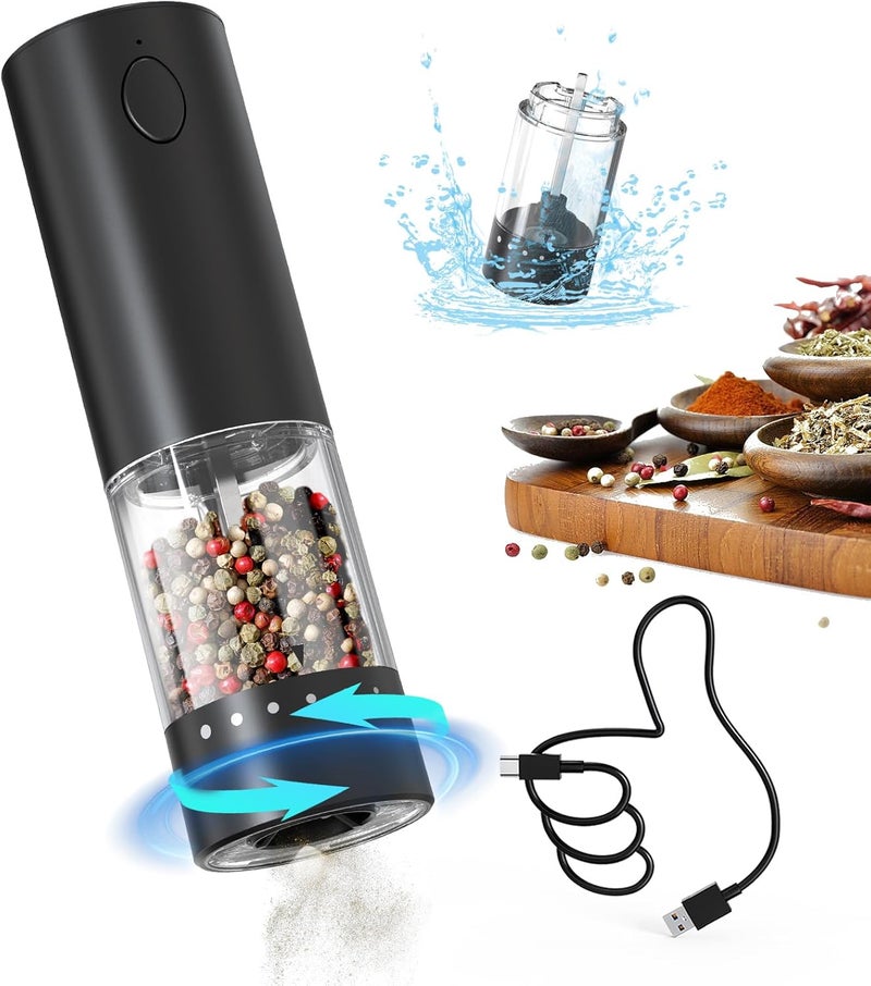 CircleJoy Rechargeable Electric Pepper Grinder, Salt Grinder Pepper Mill with Washable 95ml Container, White LED Light and External Adjustable Coarseness, Black - Image 1