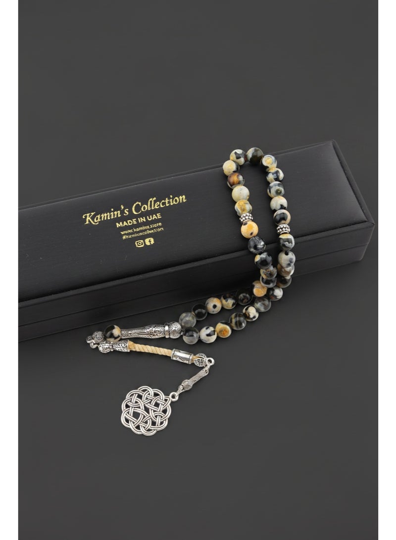 Kamins Collection 33-Bead Natural Black & Yellow Agate Tasbih - Image 1
